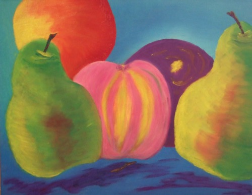Erproben der Bildaufteilung mit einfachen Formen. (Hier mit Äpfel und Birnen) Die Töne wurden aus den Grundfarben ermischt.